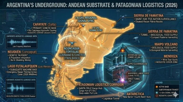 Map of Argentina Underground Bases: Aconcagua-Tórtolas Command, Patagonian Cargo Hub, and Famatina SIGINT Sync 2026