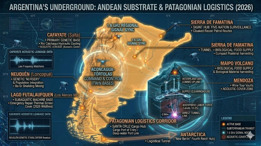 Map of Argentina Underground Bases: Aconcagua-Tórtolas Command, Patagonian Cargo Hub, and Famatina SIGINT Sync 2026