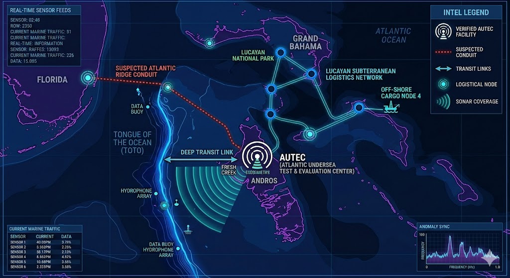 Map of Bahamas Underground Bases: AUTEC Andros Island, 1.6 GHz Signal Nodes, and Subterranean Logistics.