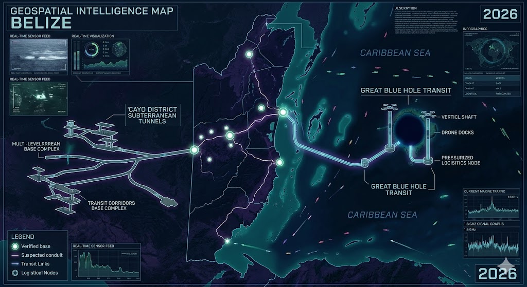 Map of Belize Underground Bases: Cayo District Tunnels, Great Blue Hole Transit, and 1.6 GHz Frequency Nodes 2026