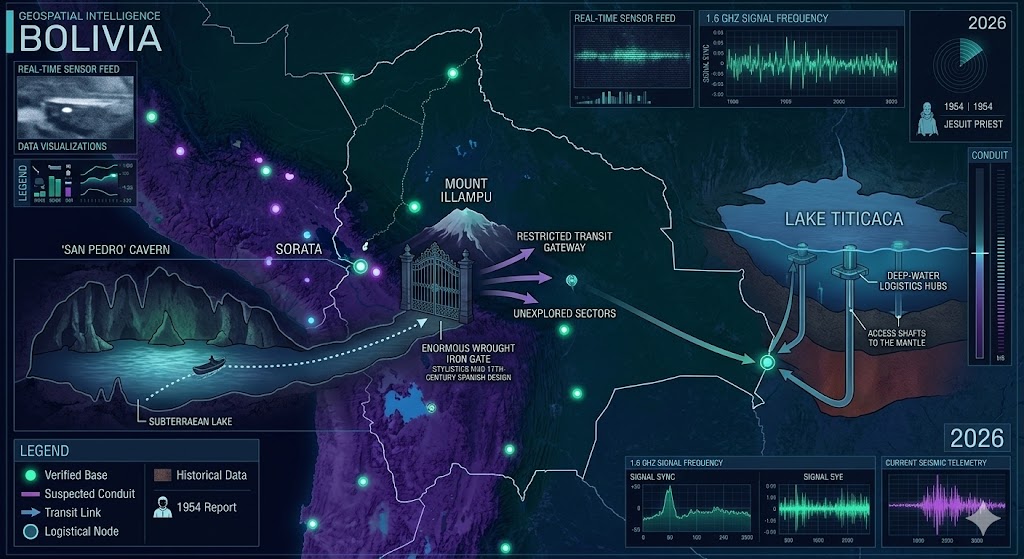 Map of Bolivia Underground Bases: Mount Illampu San Pedro Cave and Lake Titicaca Subterranean Nodes 2026.