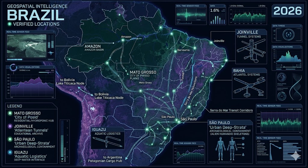 Map of Brazil Underground Bases: Mato Grosso City of Posid, Joinville Atlantean Tunnels, and São Paulo Alien Remains 2026.