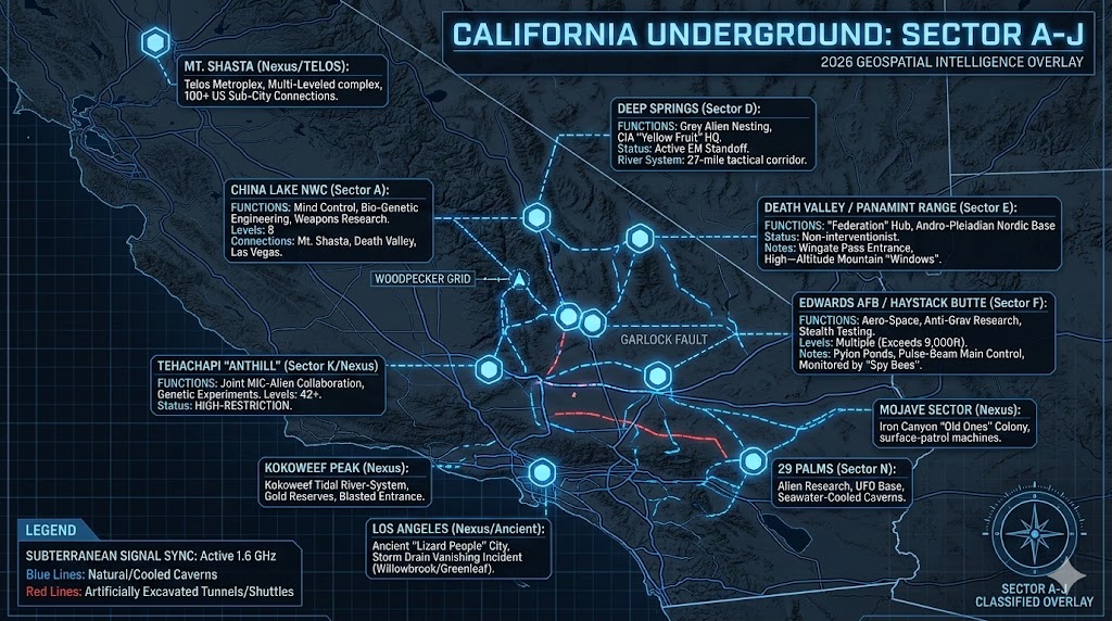 Detailed map of California underground military bases A-J including China Lake, Edwards AFB, 29 Palms, and the Death Valley Federation hub.