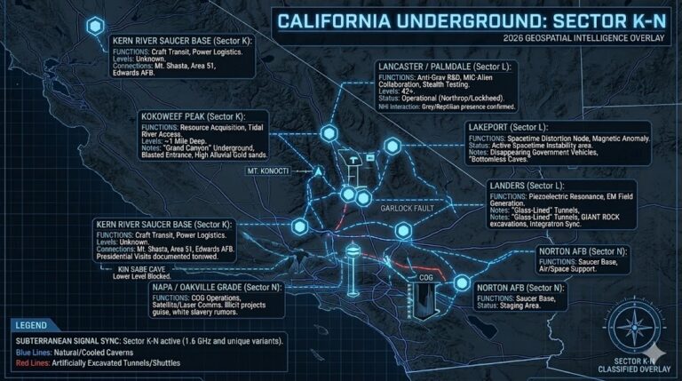 Detailed map of California underground military bases K-N focusing on the Tehachapi Anthill, Lancaster anti-gravity labs, and Kern River saucer staging areas.