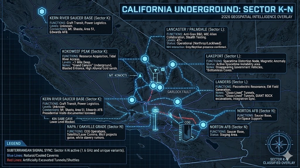 Detailed map of California underground military bases K-N focusing on the Tehachapi Anthill, Lancaster anti-gravity labs, and Kern River saucer staging areas.