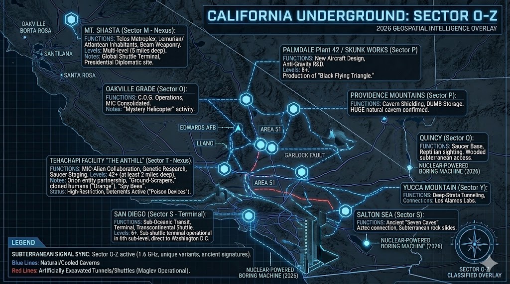 Detailed 2026 map of California underground bases O-Z, featuring the Tehachapi Anthill, San Diego sub-shuttle terminal, Palmdale Plant 42, and Mt. Shasta Telos.
