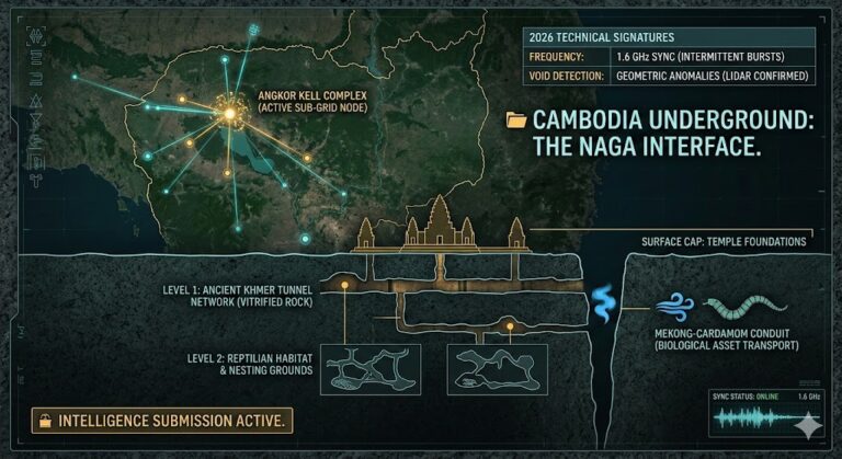 Detailed map of Cambodia underground bases: Angkor Kell reptilian nest, Naga tunnel systems, and 1.6 GHz signal sync nodes 2026.
