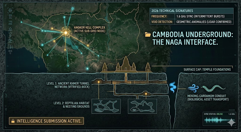 Detailed map of Cambodia underground bases: Angkor Kell reptilian nest, Naga tunnel systems, and 1.6 GHz signal sync nodes 2026.