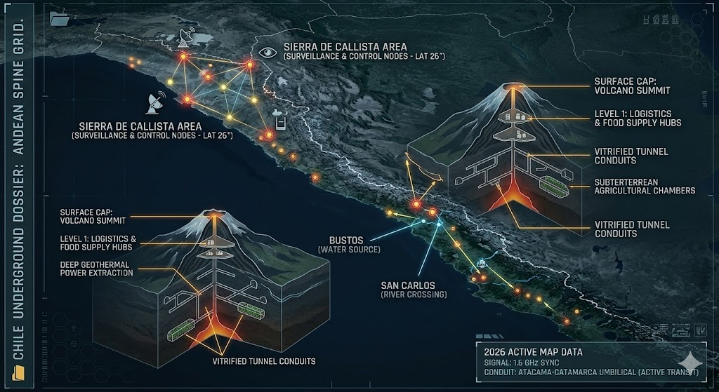 Detailed map of Chile underground bases including Maipo Volcano food supply hub and Sierra de Callista surveillance node 2026.