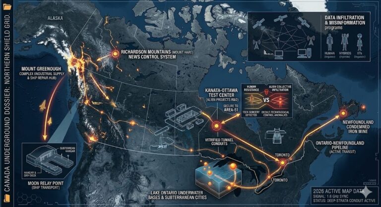 Detailed map of Canada underground bases including Mount Greenough industrial hub, Lake Ontario underwater cities, and Richardson Mountains news control 2026.