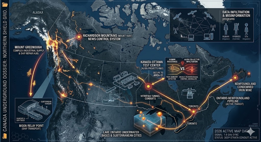 Detailed map of Canada underground bases including Mount Greenough industrial hub, Lake Ontario underwater cities, and Richardson Mountains news control 2026.