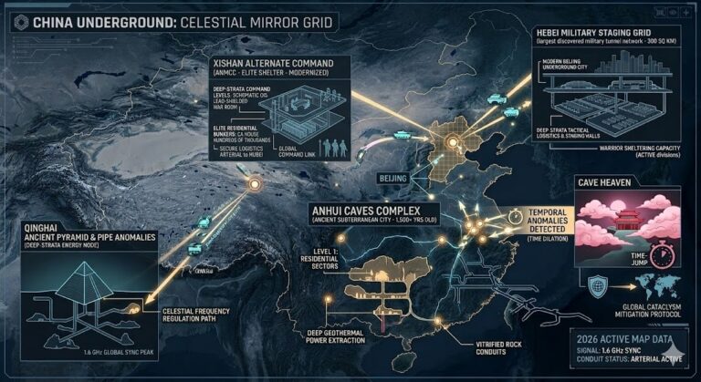 Detailed map of China underground bases including Xishan military command, Longyou survival grottoes, and Hebei warrior halls 2026.