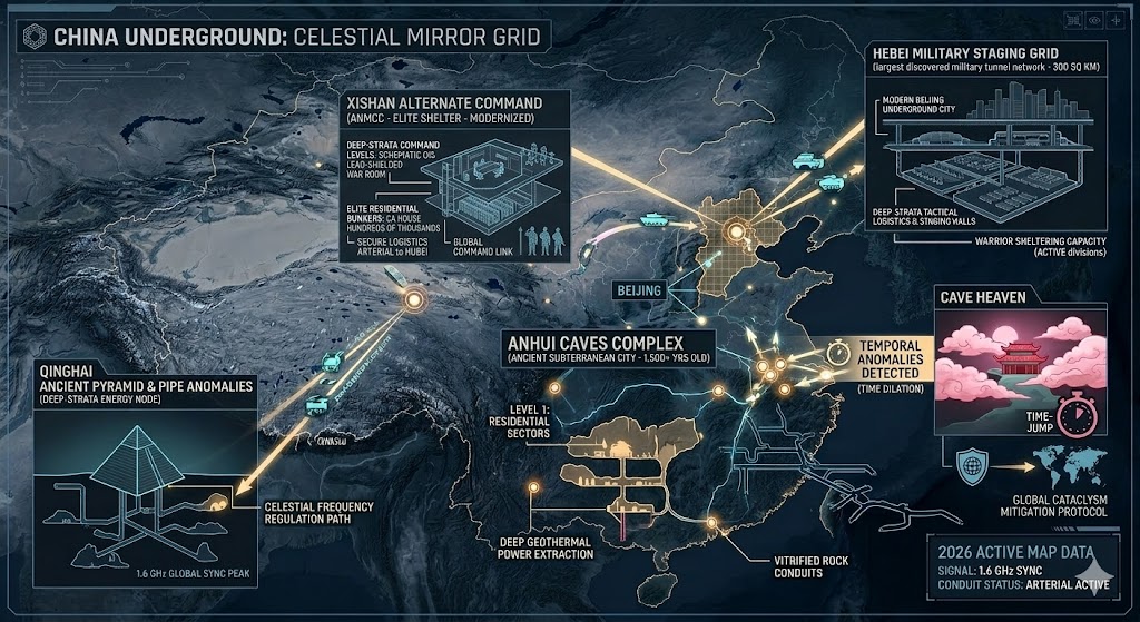 Detailed map of China underground bases including Xishan military command, Longyou survival grottoes, and Hebei warrior halls 2026.