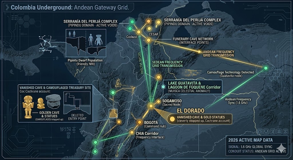 Detailed map of Colombia underground bases featuring the Serranía del Perijá Pipintu domain, Lake Guatavita vanished caves, and 1.6 GHz Andean frequency sync nodes 2026