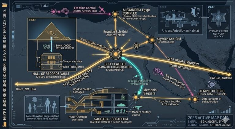 2026 intelligence map of Egypt underground bases featuring the Giza Hall of Records, the Kamagol-II Empire at Edfu, and the sealed Saqqara tunnels.