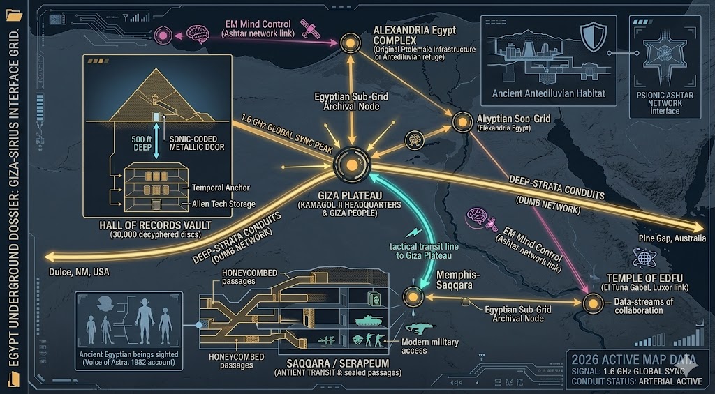 2026 intelligence map of Egypt underground bases featuring the Giza Hall of Records, the Kamagol-II Empire at Edfu, and the sealed Saqqara tunnels.