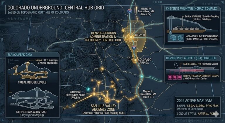 Detailed intelligence map of Colorado underground bases featuring the NORAD Cheyenne Mountain complex, Denver International Airport (DIA) sub-levels, and the Blanca Peak alien staging area 2026.