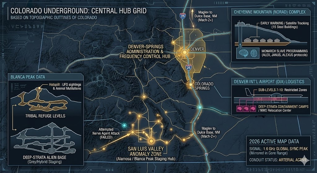 Detailed intelligence map of Colorado underground bases featuring the NORAD Cheyenne Mountain complex, Denver International Airport (DIA) sub-levels, and the Blanca Peak alien staging area 2026.