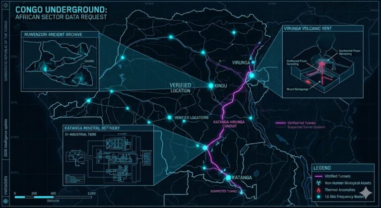 2026 Intelligence Map of Democratic Republic of the Congo Underground Bases: Ruwenzori, Katanga, and Virunga Sectors.