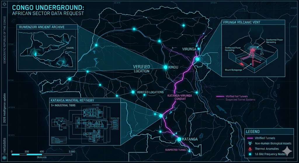 2026 Intelligence Map of Democratic Republic of the Congo Underground Bases: Ruwenzori, Katanga, and Virunga Sectors.