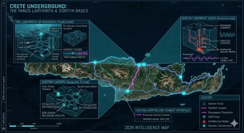 2026 Intelligence Map of Crete Underground Bases: Knossos, Gortyn, and Skotino Sectors.