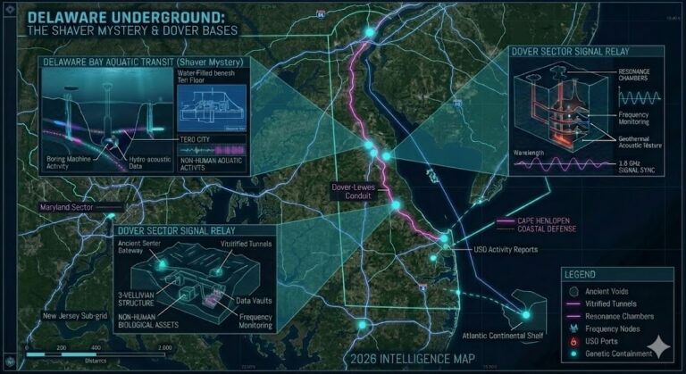 2026 Intelligence Map of Delaware Underground Bases: Shaver Mystery, Dover, and Lewes Sectors.
