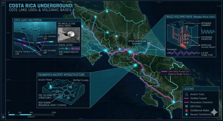 Corrected 2026 Intelligence Map of Costa Rica Underground Bases: Cote Lake USOs, Irazú Volcano, and Talamanca Sectors.