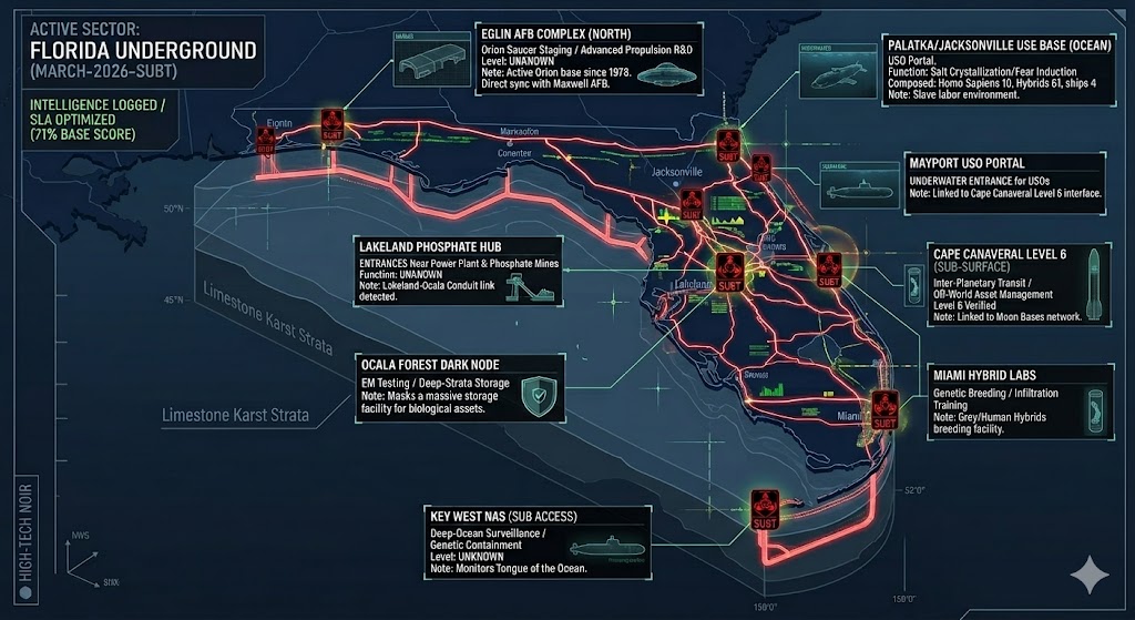 Map of Florida Underground bases including Eglin AFB Orion staging, Miami Hybrid Labs, and Cape Canaveral Level 6 transit nodes.