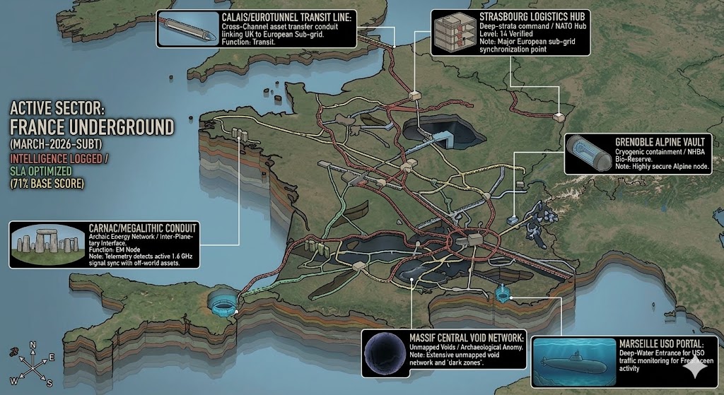 Map of France Underground bases including the Strasbourg Logistics Hub, Grenoble Alpine Vault, and Marseille USO Portal.