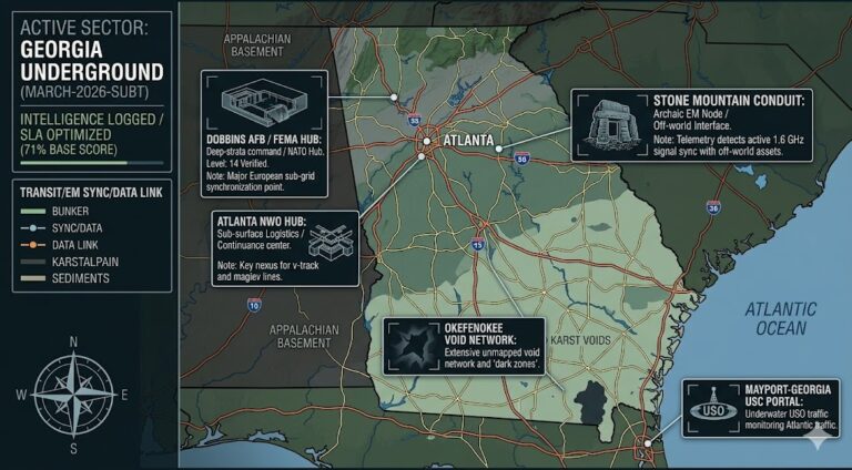 Map of Georgia (USA) subterranean network featuring Atlanta NWO Hub, Dobbins AFB FEMA bunker, and Stone Mountain 1.6 GHz signal conduit.