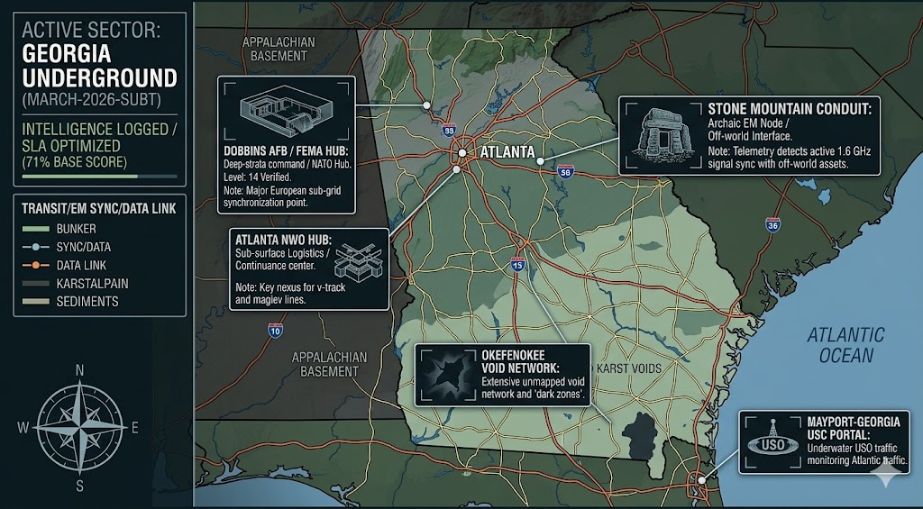 Map of Georgia (USA) subterranean network featuring Atlanta NWO Hub, Dobbins AFB FEMA bunker, and Stone Mountain 1.6 GHz signal conduit.