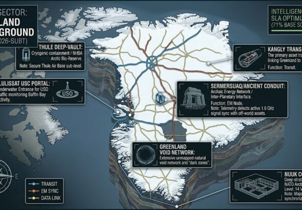 Subterranean map of Greenland showing Thule Deep-Vault, Nuuk Command Hub, and Sermersuaq Ancient Conduit.