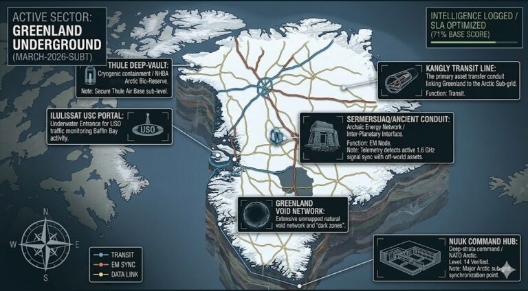 Subterranean map of Greenland showing Thule Deep-Vault, Nuuk Command Hub, and Sermersuaq Ancient Conduit.
