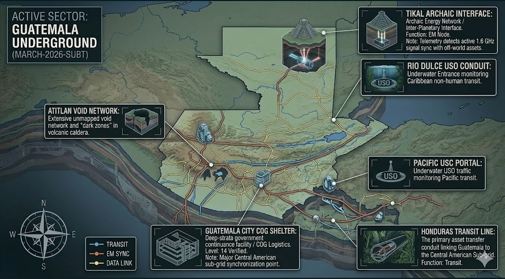 Subterranean map of Guatemala featuring Tikal Archaic Interface, Guatemala City COG Shelter, and Atitlan Void Network.