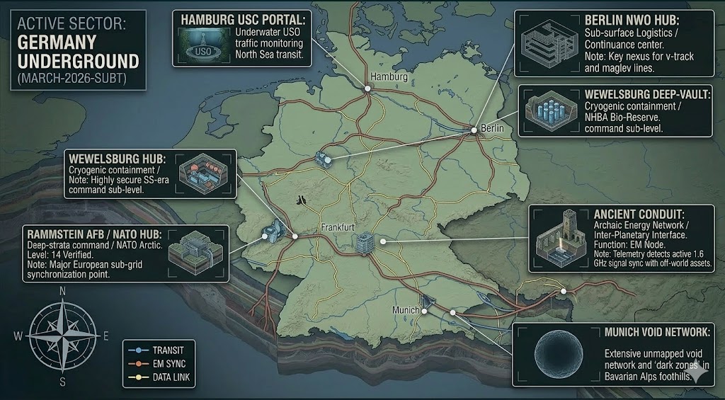 Subterranean map of Germany featuring Berlin NWO Hub, Ramstein AFB NATO Hub, and Wewelsburg Deep-Vault.