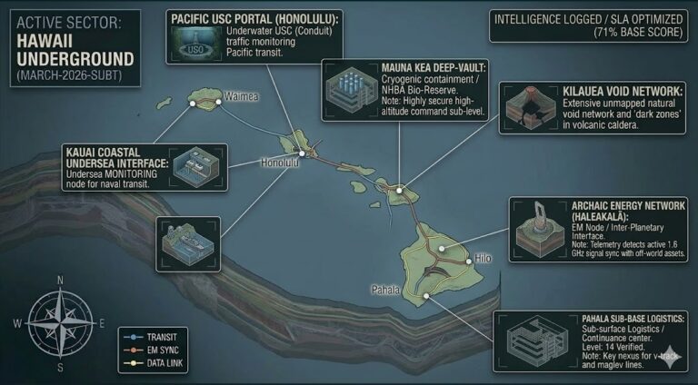 Subterranean map of Hawaii featuring Pacific USC Portals, Mauna Kea Deep-Vault, and Haleakalā Archaic Energy Network.