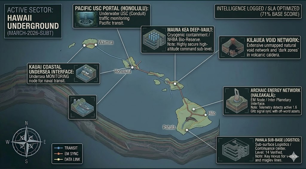 Subterranean map of Hawaii featuring Pacific USC Portals, Mauna Kea Deep-Vault, and Haleakalā Archaic Energy Network.
