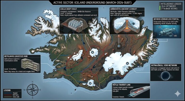 Subterranean map of Iceland featuring Reykjavik Logistics Hub, Askja Deep-Vault, and Grímsvötn Ancient Conduit.