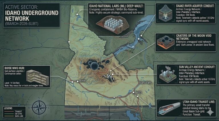 Subterranean map of Idaho featuring Boise NWO Hub, Idaho National Labs (INL) Deep-Vault, and Snake River Aquifer Conduit.