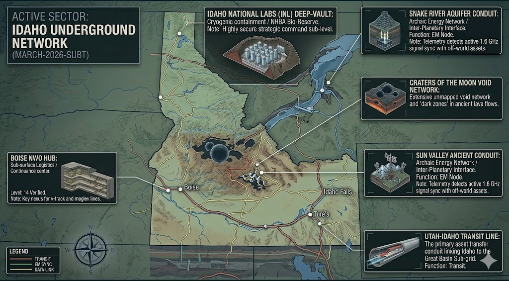 Subterranean map of Idaho featuring Boise NWO Hub, Idaho National Labs (INL) Deep-Vault, and Snake River Aquifer Conduit.