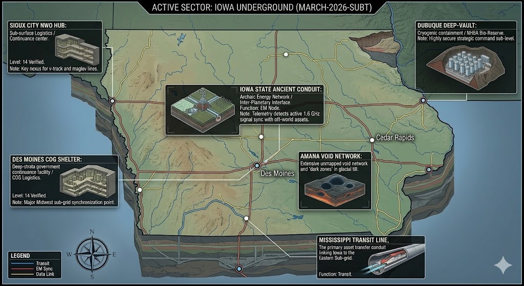 Subterranean map of Iowa featuring Des Moines COG Shelter, Sioux City NWO Hub, and Dubuque Deep-Vault.