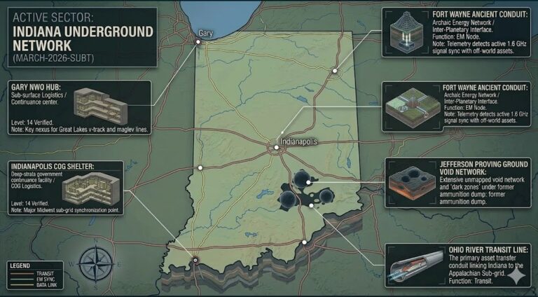 Subterranean map of Indiana featuring Indianapolis COG Shelter, Gary NWO Hub, and Fort Wayne Ancient Conduit.