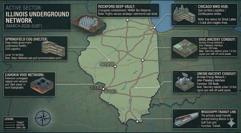 Subterranean map of Illinois featuring Chicago NWO Hub, Springfield COG Shelter, and Rockford Deep-Vault.