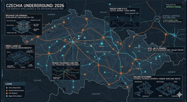 Map of Czechia Underground Bases 2026, featuring The Oppidum, Javor 51 nuclear vaults, and Prague's StB surveillance tunnels.