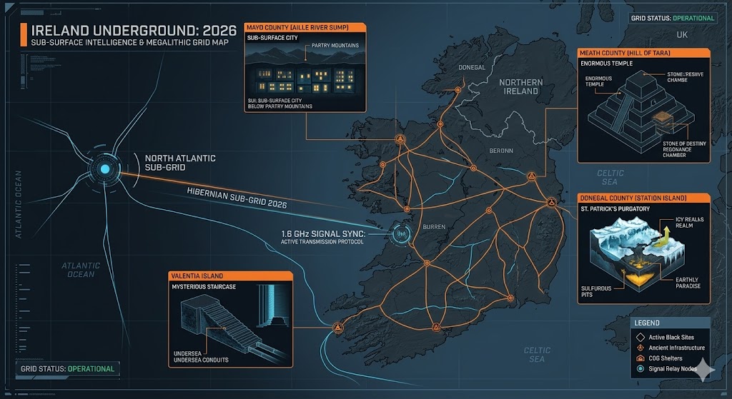 Map of Ireland Underground Bases 2026, featuring the Hill of Tara temple, Aille River subterranean city, and Station Island icy realm.