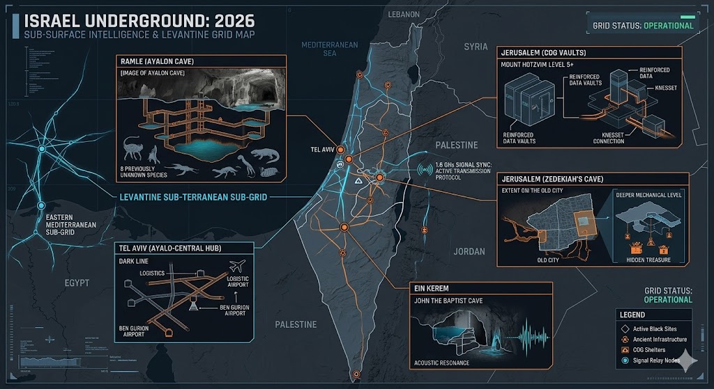 Map of Israel Underground Bases 2026, featuring Ayalon Cave, Jerusalem COG vaults, and the 1.6 GHz Levantine grid.