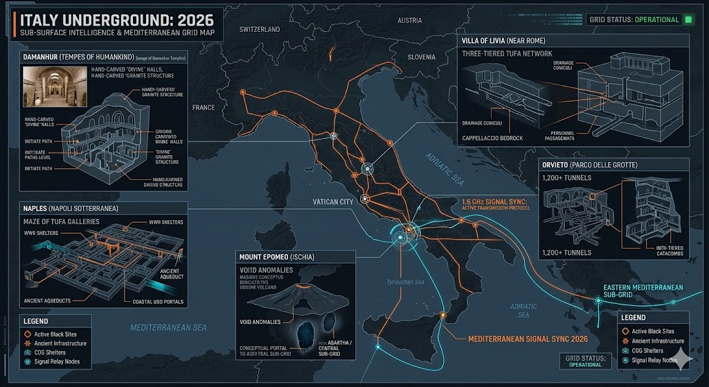 Map of Italy Underground Bases 2026, featuring Damanhur Temples, Villa of Livia tufa tunnels, and Mt. Epomeo portal.