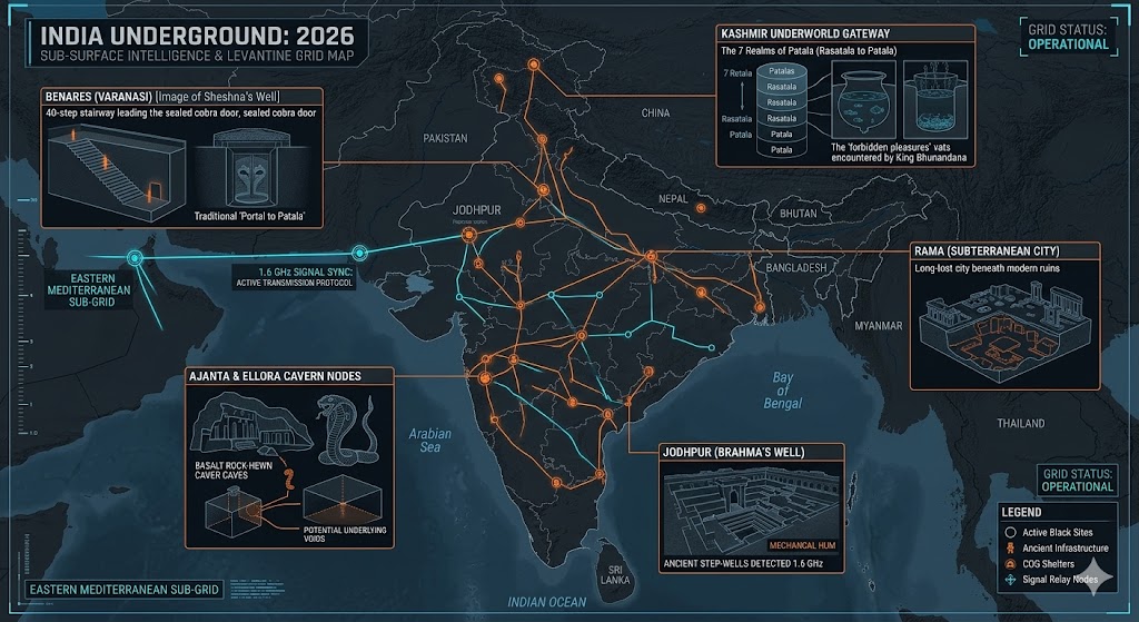 Map of India Underground Bases 2026, featuring the 7 levels of Patala, Sheshna's Well, and Ajanta/Ellora cavern nodes.