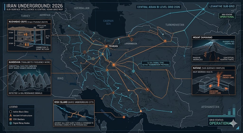 Map of Iran Underground Bases 2026, featuring Nushabad labyrinth, Fordow mountain vaults, and Kish Island undersea conduits.