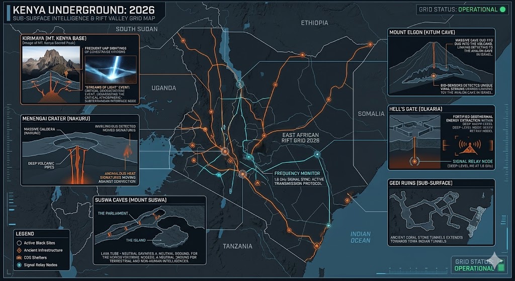 Map of Kenya Underground Bases 2026, featuring Kirimaya lights, Kitum Cave bio-node, and Menengai Crater portals.